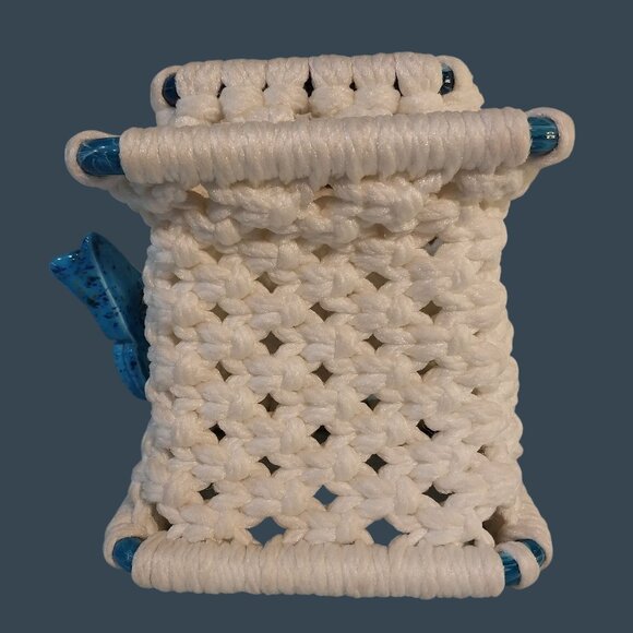 Macrame Tissue Box Cover White With Blue Ceramic Butterfly - Picture 2 of 8